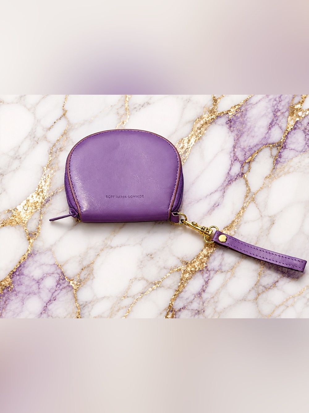 Soft Nappa Cowhide Leather Coin Wristlet Purse Wallet Purple w Gold Hardware